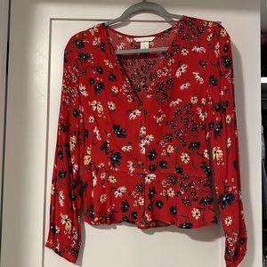 H&M red button down floral blouse